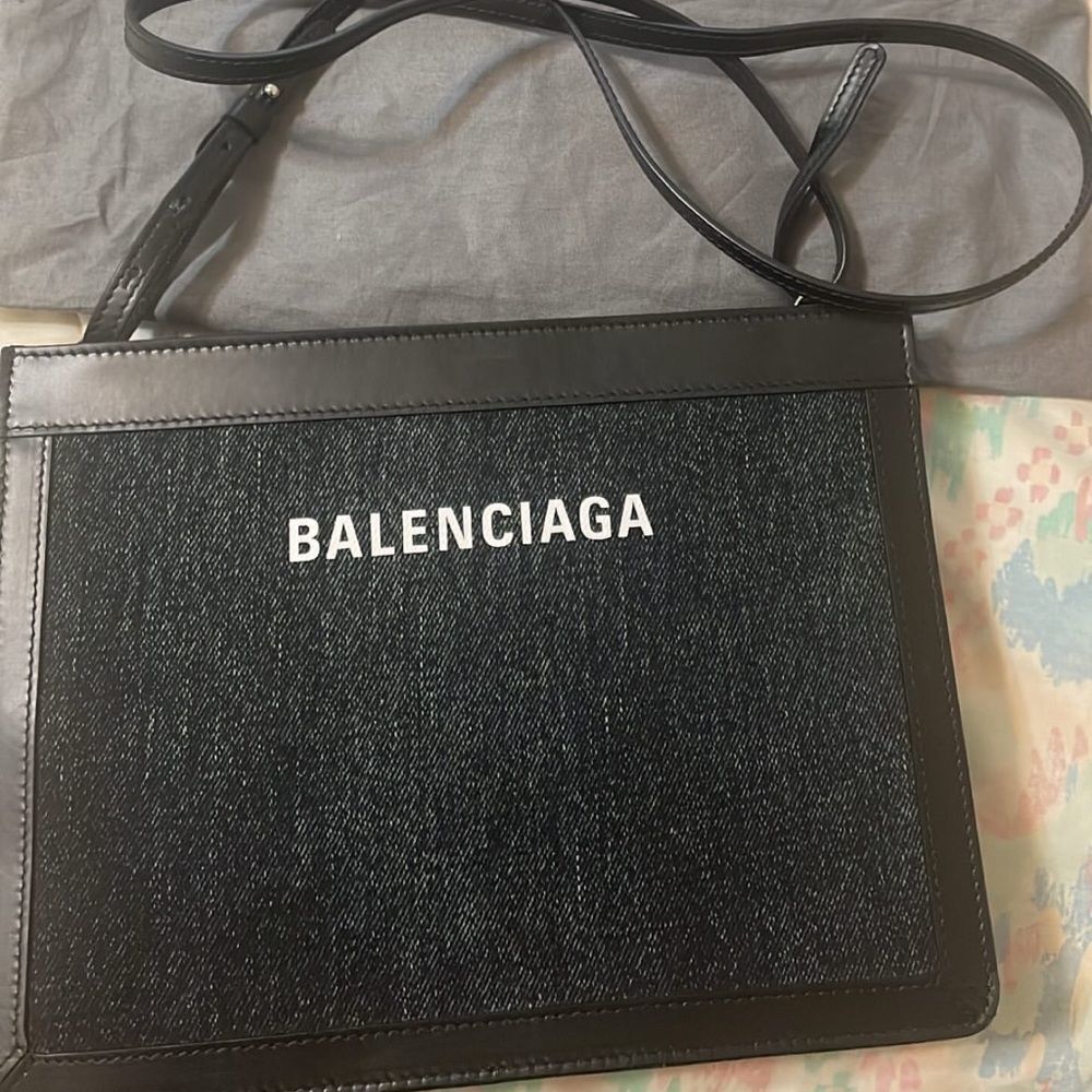 Balenciaga denim fabric & satin calf crossbody shoulder bag - Picture 4 of 7